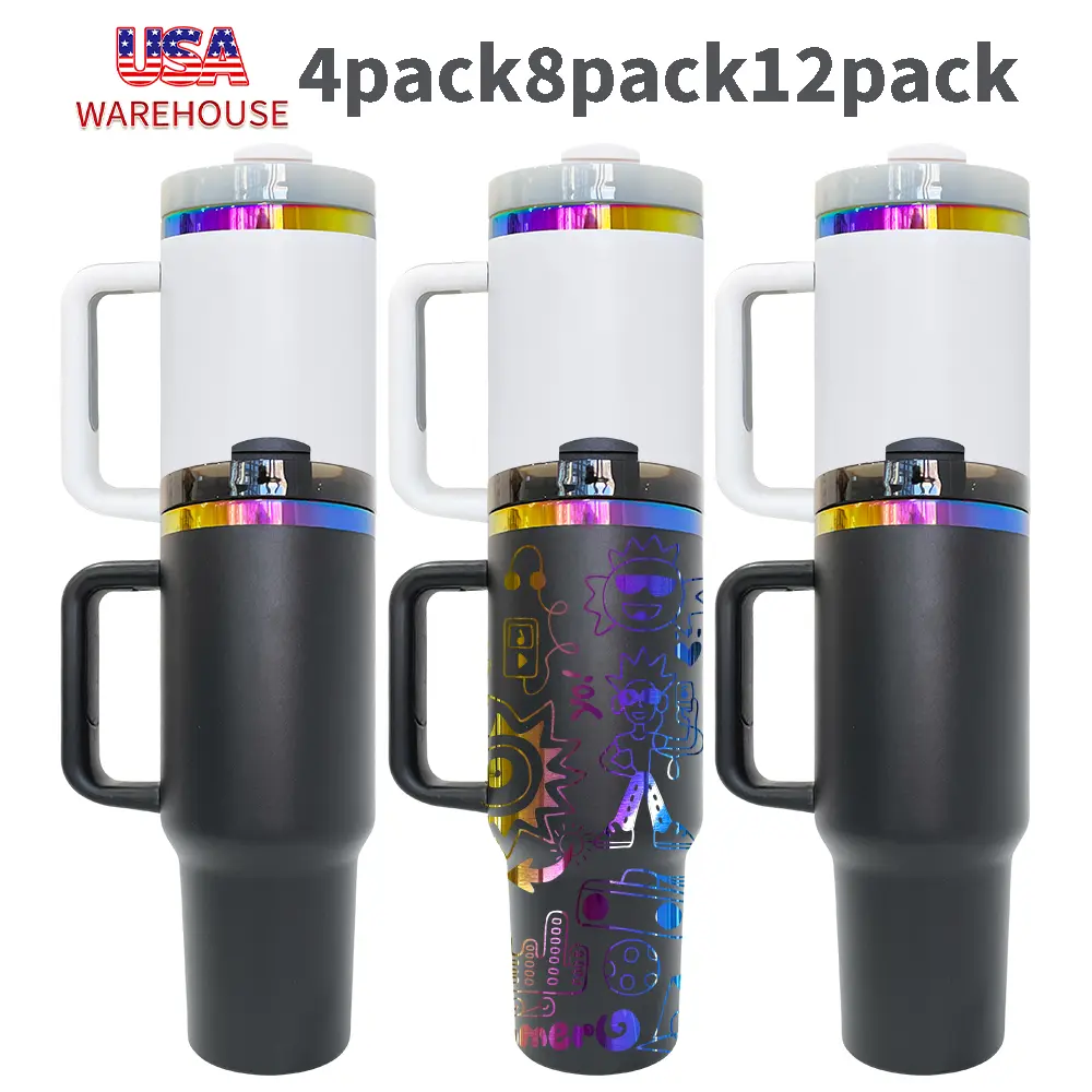 4/8/12 Pack USA Warehouse H2.0 40oz Powder Coat White and Blank Rainbow Plated Tumblers for Laser Engraving