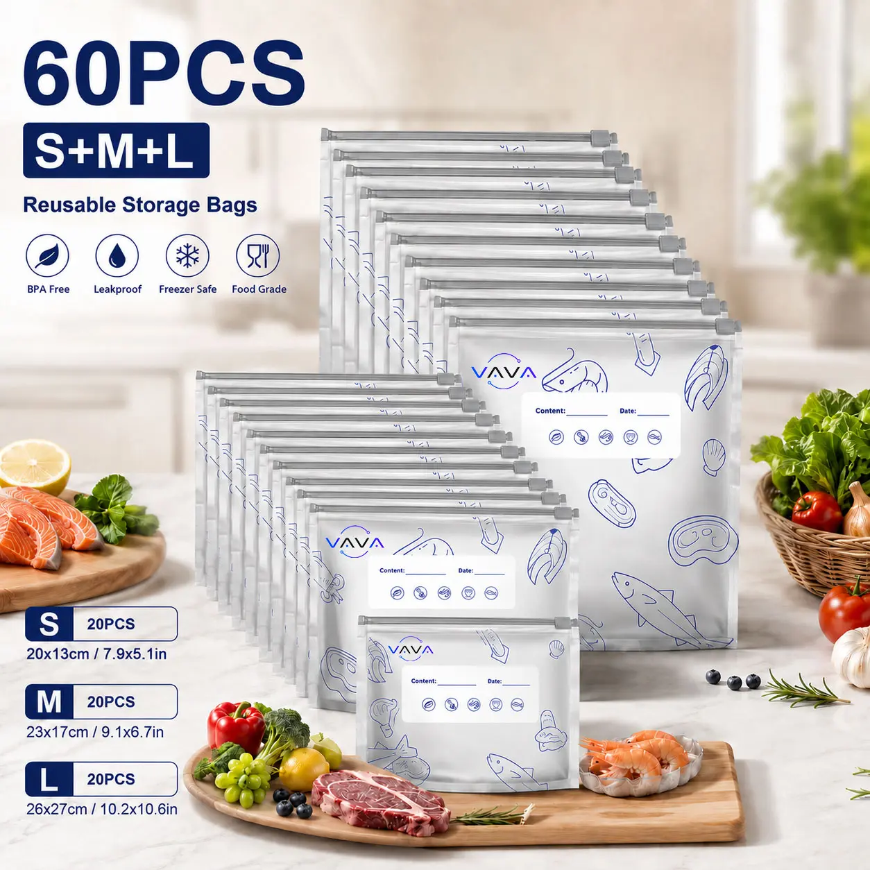 60 PCS 3 Size Reusable Preservation Bags, Airtight Vacuum Sealer Food Storage Bags, Leak Proof Freezer Safe, Stand Up Foil Sealable Pouches for Meal Prep, Pantry Organization, Travel Snacks