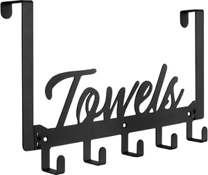 Over The Door Hooks, Towel Rack Towel Hooks for Bathroom, Towel Holder for Hanging Heavy Duty, Door Rack Over Door Hanger with 5 Coat Hooks for Bedroom Bathroom Kitchen, Black