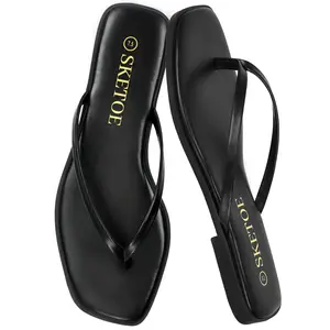 Women's Flip Flops  Black Square Toe Flat Sandals for Women  Comfortable Thong Sandals Fashion Sandals for Women 2025  Vegan Leather Lightweight Summer Beach Sandals  Dressy Vacation Essentials Slides