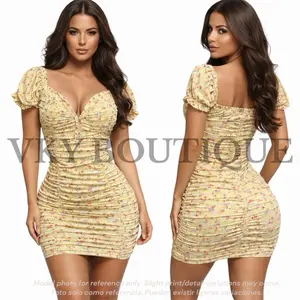 Floral Ruched Puff Sleeve Bodycon BL Mini Dress