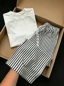 Women's Simple Fashion Fitted T-Shirt & Striped Straight-Leg Pants, Casual Style Womenswear for Home, Hiking, Camping and Travelling