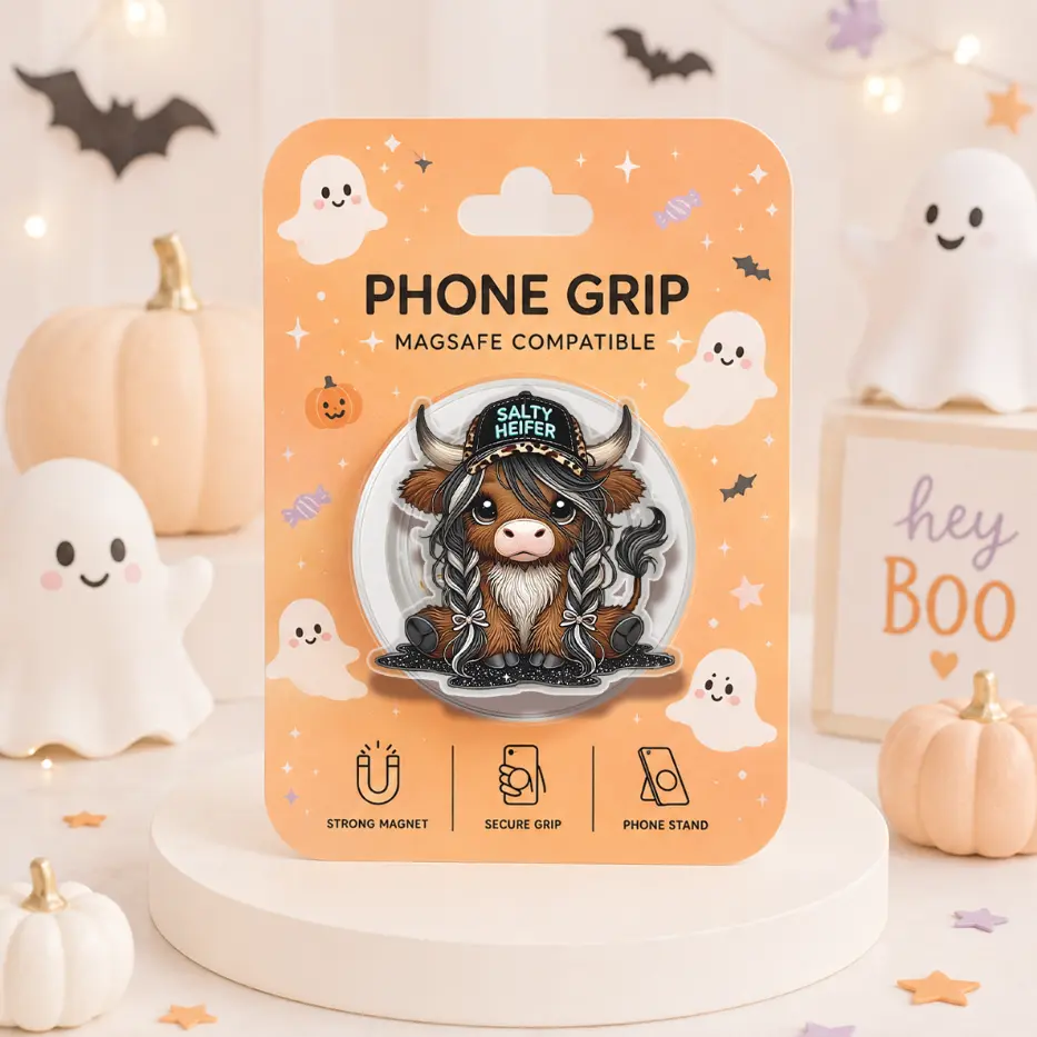 Salty Heifer Highland Cow Phone Grip, Western Cowgirl Magsafe Phone Holder, Girlie Cow Kindle Grip, Highland Cow Phone Accessories, Halloween Gift, Thanksgiving Kindle Stand