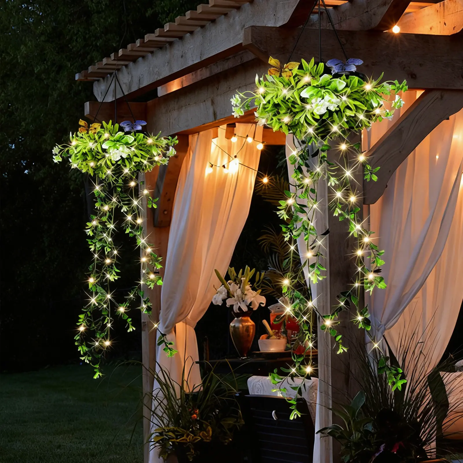 Solar Artificial Plants Hanging lights, Solar Garden Outdoor Decoration Artificial Grass,66 LED Waterproof Artificial Plants Garden Ornaments Outdoor Mock Lime Twinkly String Lights, Pathway Lights, Gifts for Women Mom Grandma