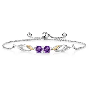 Gem Stone King Purple Amethyst and White Lab Grown Diamond Tennis Bracelet For Women in 925 Silver and 10K Yellow Gold | 0.97 Cttw | Gemstone Birthstone | Round 5MM | Fully Adjustable Up to 9 Inch