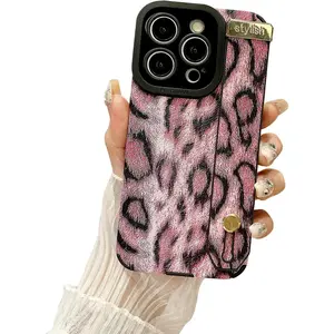 Hand Strap Holder Case for 6.9" iPhone 16 Pro Max with Kickstand - Wrist Strap Band Soft Design Shockproof Cover, Adjustable Handle Grip Loop for iPhone 16 Pro Max 6.9 Inch, Leopard Pink