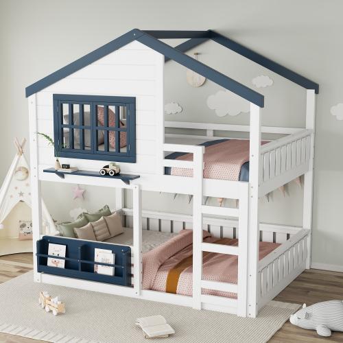 Bellemave  Bunk Bed/Loft Bed with Bookshelf, House Design, High-Quality Safety Fencing.The upper layer is used as a sleeping area, while the lower layer can be flexibly configured as a gaming area, learning area, storage space, or additional sleeping area
