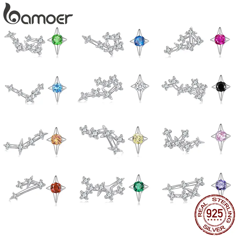 BAMOER 2025 NEW 925 Sterling Silver Zodiac Sign Earring Studs, Classic Constellation White Gold Plated Birthday Gift for Women