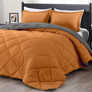 Queen Comforter - Burnt Orange and Grey Queen Comforter, Sets for Seasons -3 - 1 Comforter (88"x92") and 2 Pillow Shams(20"x26")