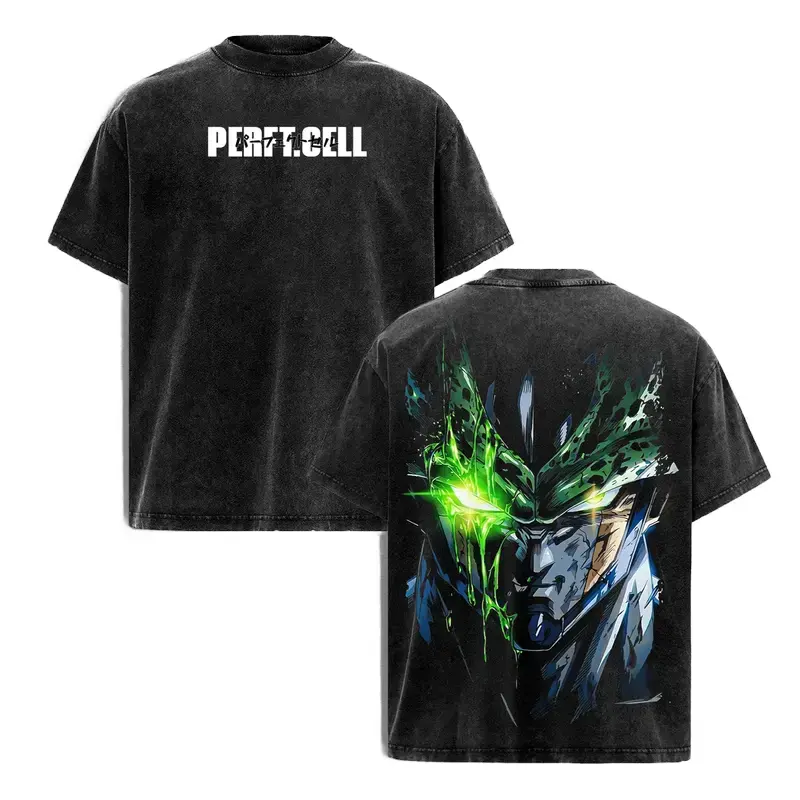 Men's DBZ Perfect Cell Vintage Washed Oversized Shortsleeve Round Neck T-Shirt - Bio-Android Evolution Graphic, Green Aura Streetwear, Heavyweight Cotton Unisex Casual Fit Top with Shoulder Tape, Anime Gift (S,2XL)