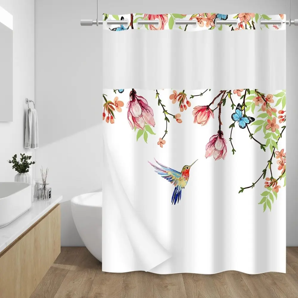 Hookless Shower Curtain Set (71in W x 74in H) - Light Pink Floral Bird Artistic Bath Decor, Snap-In Waterproof Fabric Liner Included, Washable Bathroom Supply, Hookless Shower Curtains, Artwork Shower Curtains