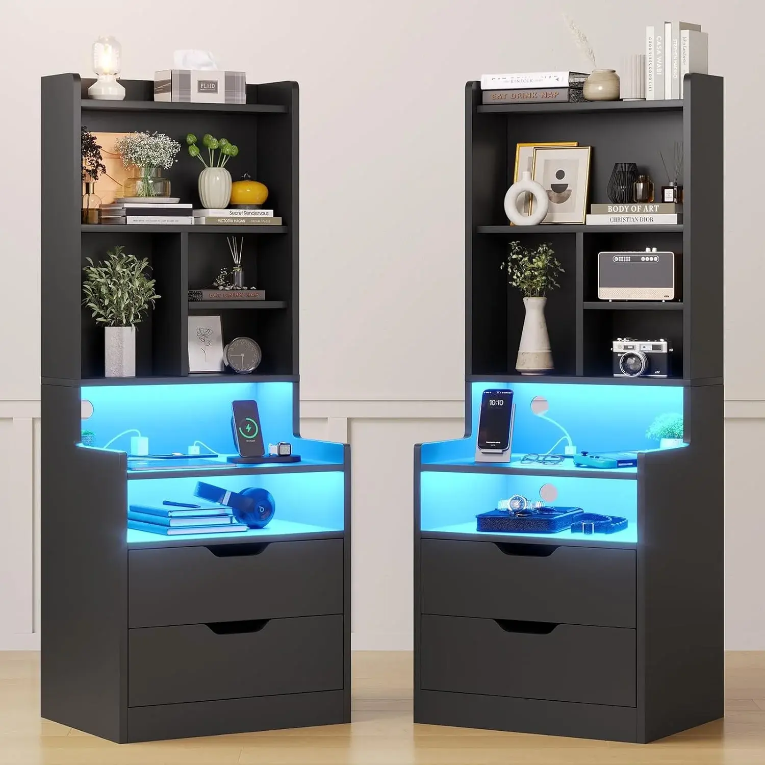 Sikaic 2-Pack Tall LED Nightstand Set with Charging Station, Black Modern Bedside Tables with Shelves and Storage Drawers for Bedroom Furniture,dorm essentials,home decor