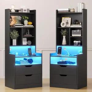 SIKAIC 2PCS Tall Shape LED Nightstands, Modern Bedroom Bedside Tables with Built-in Shelves, Black