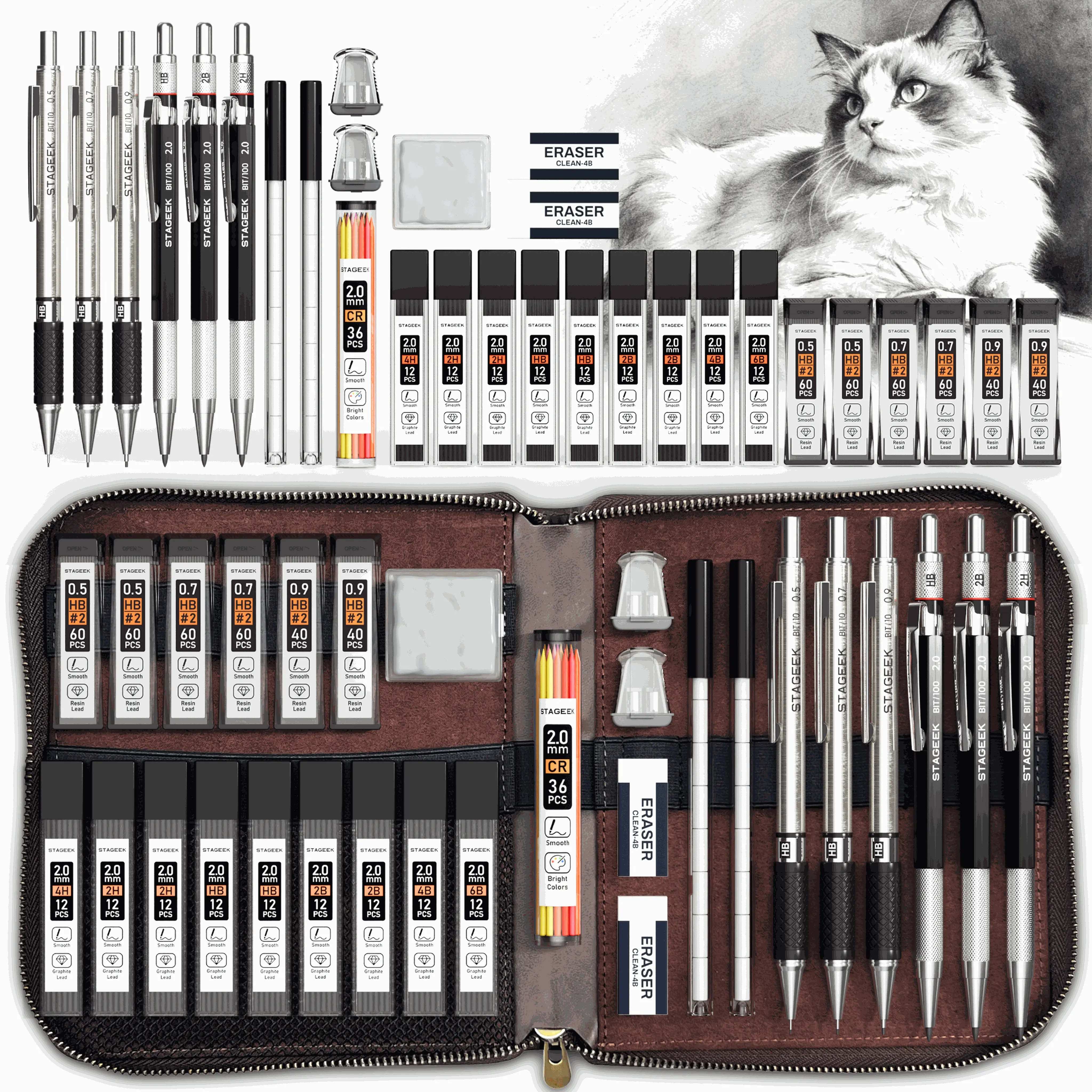 【Hot Selling Gift】30PCS Art Mechanical Pencil Set with Leather Bag, Metal Artist Lead Pencil 0.5, 0.7, 0.9 mm, 2mm Lead Holders (4H 2H HB 2B 4B 6B Color) with 464PCS Graphite Lead Refills for Drawing Sketching, Perfect Christmas & New Year Gift Idea