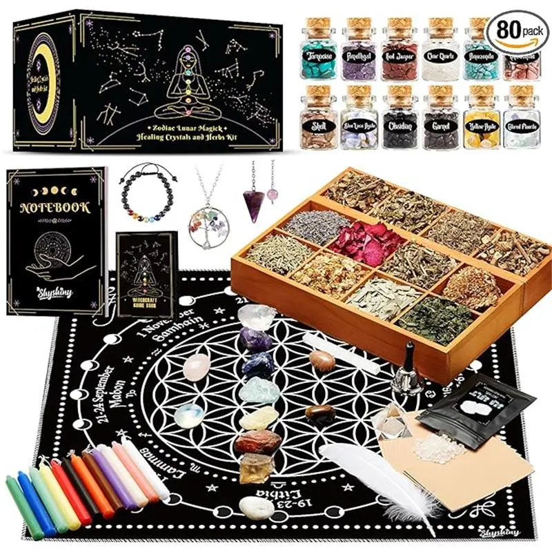 80-Piece Witchcraft Supplies Starter Set - Beginner Wiccan Tools, Light-Up Spell Candles, Raw Chakra Healing Crystals, Aromatic Natural Herbs, Festive Home Party Gift Pack for Lunar Magick