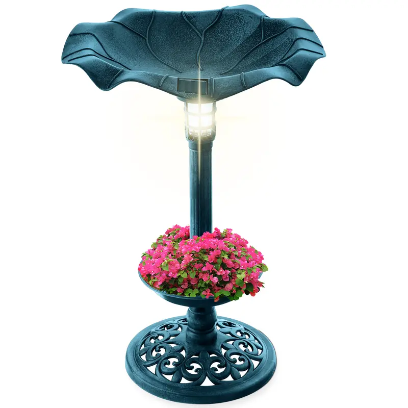 Best Choice Products Solar Lighted Pedestal Bird Bath w/ Planter, Integrated Panel