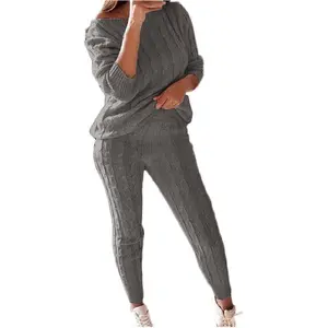 Women Cable Knitted 2 Pieces Outfits Chunky Long Sleeve Sweater Pullover Top and Pants Winter Plus Size Lounge Sets