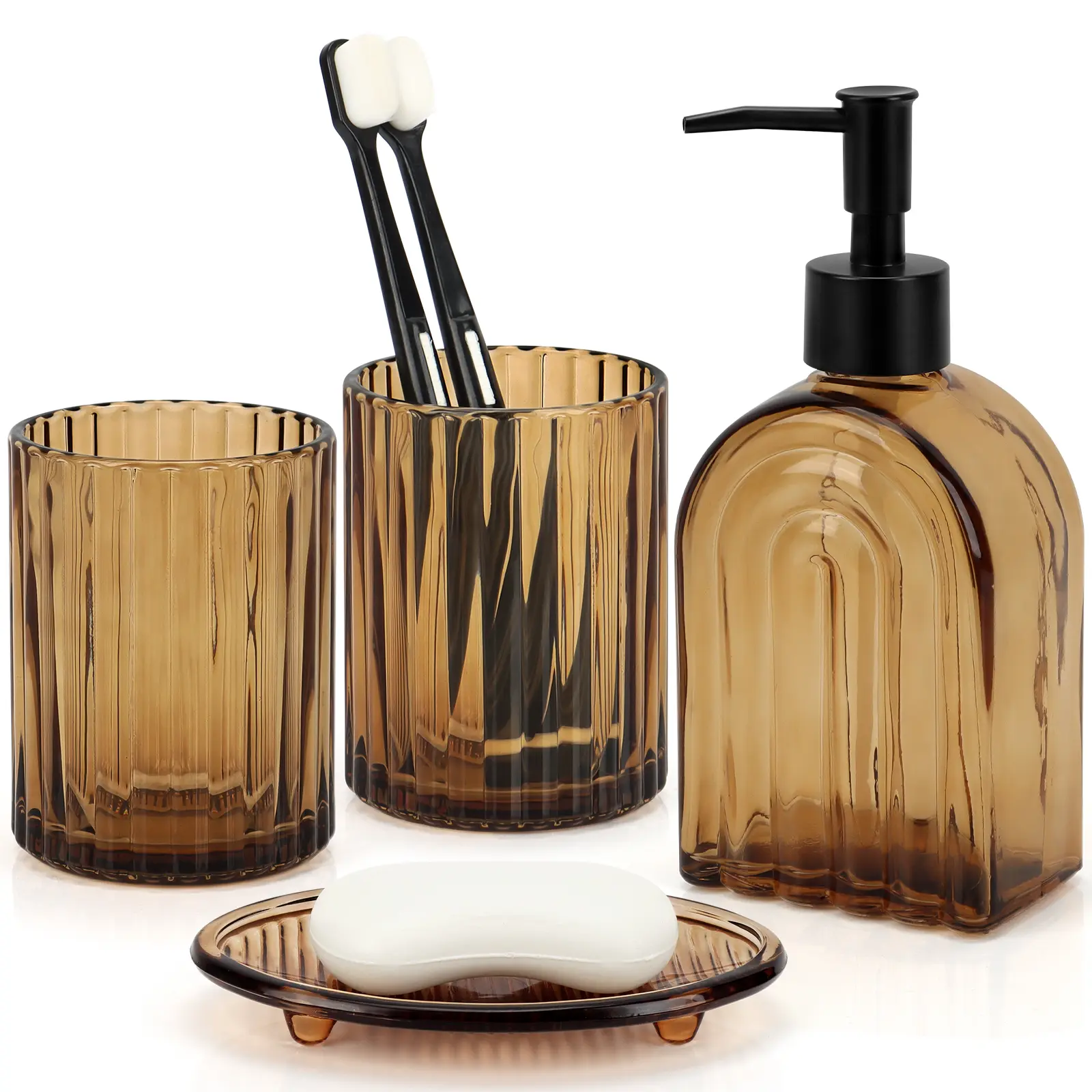 4 Pack Glass Bathroom Accessories Set,Amber Bathroom Accessory Set | Bathroom Counter Sink Toothbrush Holder Set Includes Hand/Lotion Soap Dispenser & Tumbler & Soap Dish