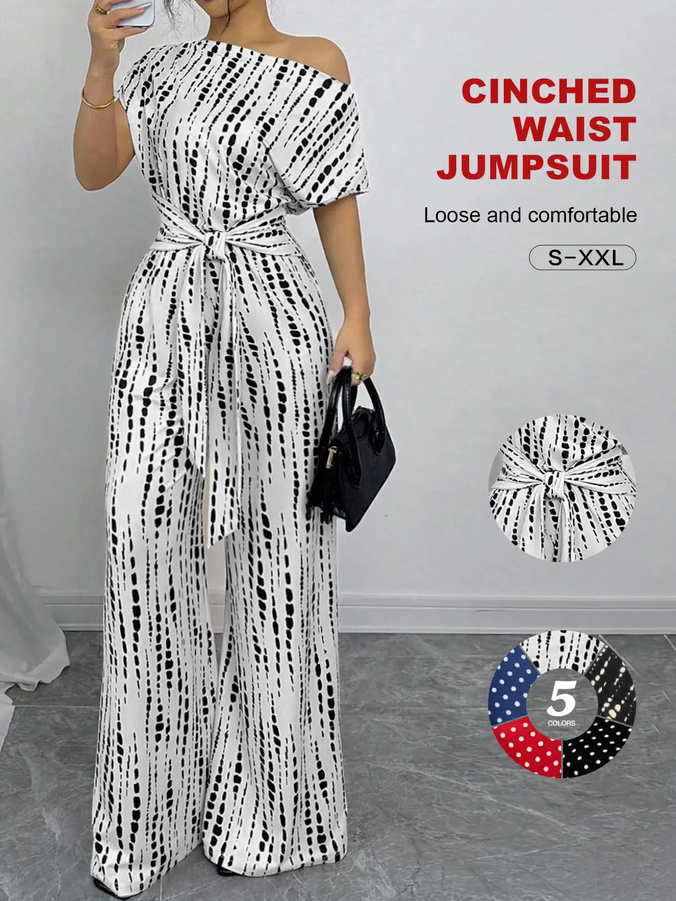 Women’s Elegant Off-Shoulder Jumpsuit | Tie-Dye Print Wide-Leg Romper with Belt | Flattering Cinched Waist One-Piece Outfit Sizes S–XXL