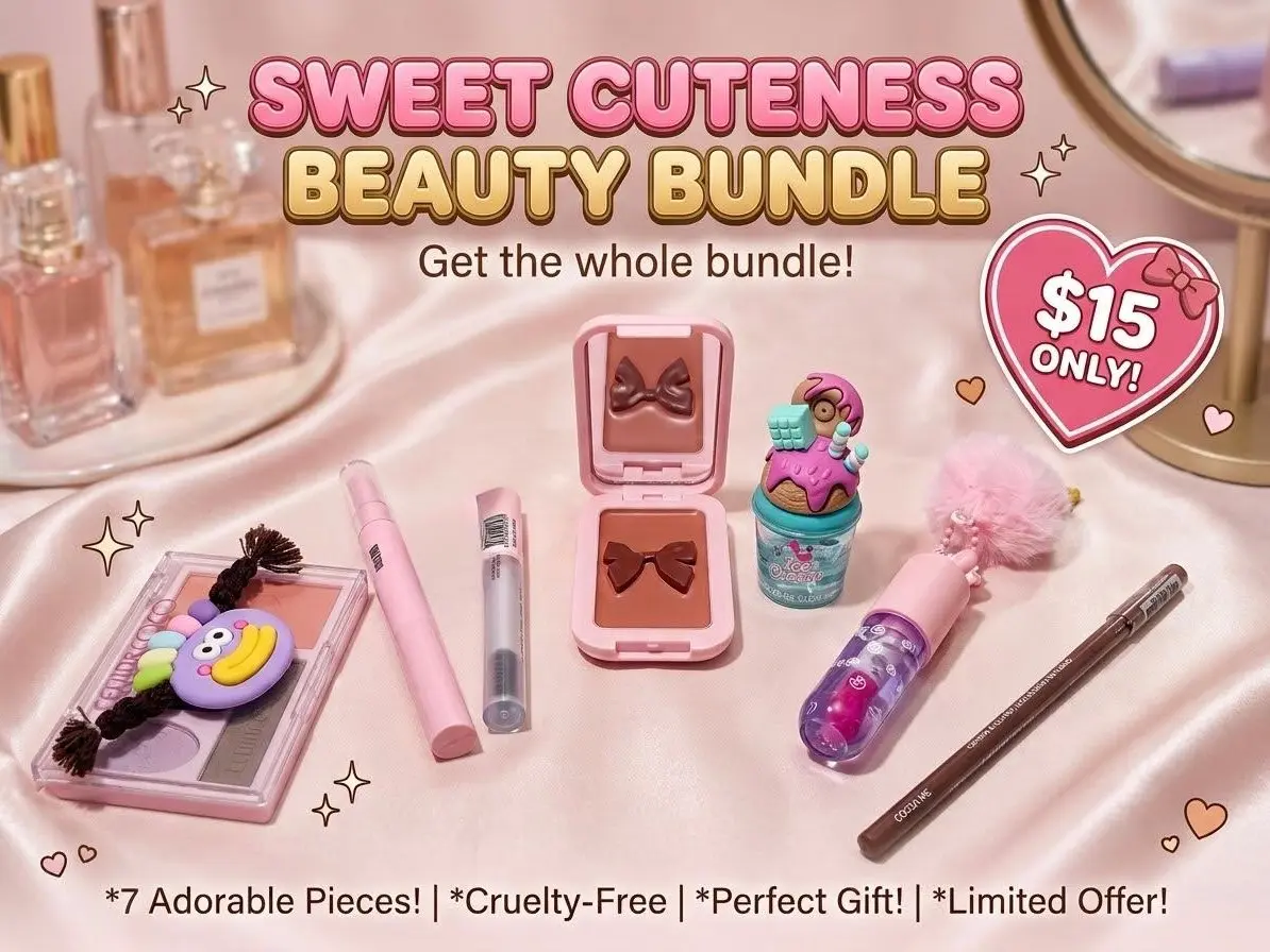 7-Piece Cruelty-Free Makeup Set - Sweet Cuteness Beauty Bundle, Perfect Gift, $15 Only