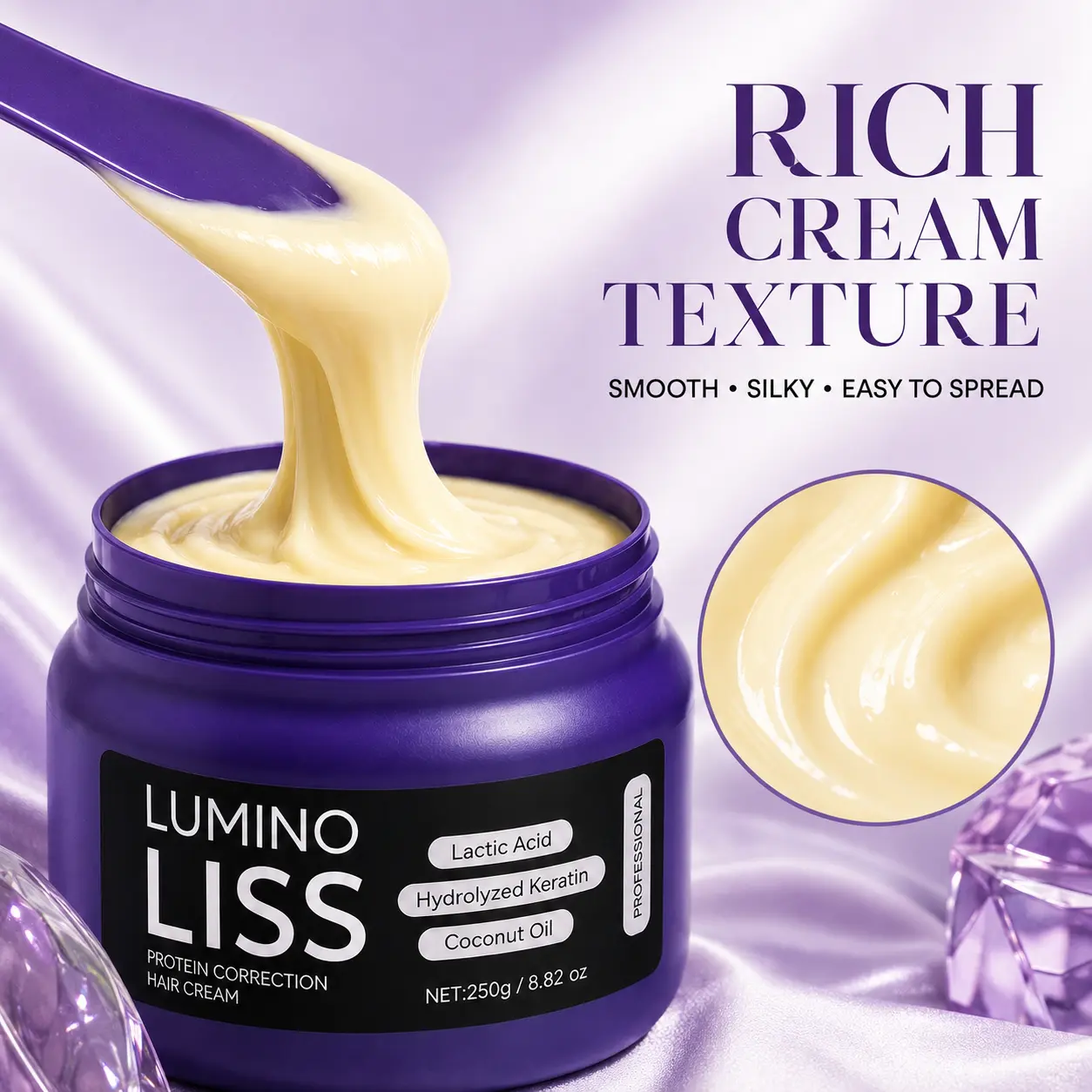 Protein Hair Cream 250g, Keratin Smoothing Mask with Coconut Oil & Lactic Acid, Frizz Control Deep Conditioner for Soft, Shiny-Looking, Easier-to-Manage Hair