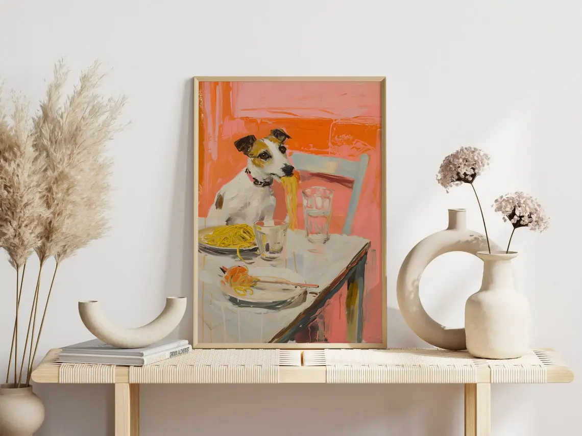 Smooth Fox Terrier Wall Print | Dog Wall Art | Gift for Fox Terrier Dog Mom | Smooth Fox Terrier Poster | Girly Wall Art | Dog Eating Pasta