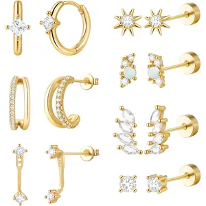 Gold Flat Back Earrings Stacks Hypoallergenic Cartilage Earrings for Women,20G Lobe Tragus Helix Conch Piercing Jewelry,Dainty 14K Gold Plated Stud Hoop Earring Set