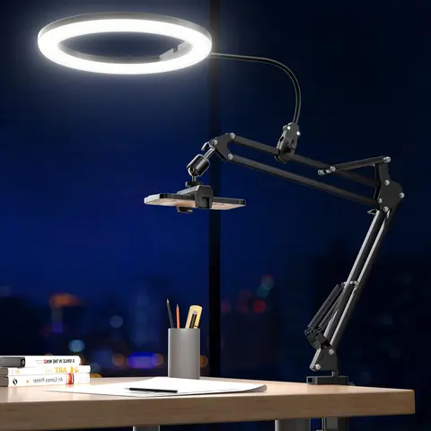 UBeesize 10" Adjustable LED Ring Light Full Kit - 30 Light Modes, 360° Even Glow, Overhead Phone Mount, Stand, Desk Tripod, Ball Head for Content Creators, Crafts, Video Recording