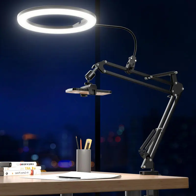 UBeesize 10" Adjustable LED Ring Light Full Kit - 30 Light Modes, 360° Even Glow, Overhead Phone Mount, Stand, Desk Tripod, Ball Head for Content Creators, Crafts, Video Recording