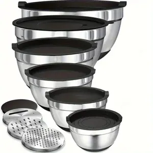 Stainless Steel Mixing Bowl Set with Airtight Lid, Food Storage Bowl, Durable Kitchenware, 9 Counts/set Including 6 Counts Bowls & 3 Counts Grater Attachments Tool for Baking Cooking
