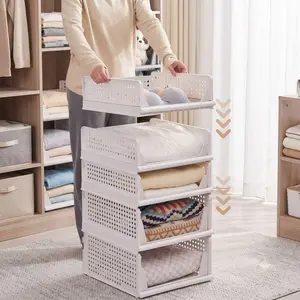 5-Pack Plastic Sturdy Stackable Wardrobe Organizer Baskets - Foldable Open Storage Bins, Heavy-Duty Space-Saving Closet Containers for Home Shelves