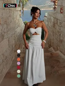 Women's Sleeveless Hollow Out Fitted A-Line Dress, Bohemian Romantic Dress, Two Fabric Patchwork Design, Micro-Transparent Material, Beachwear Casual Wear Long Skirt, Womenswear