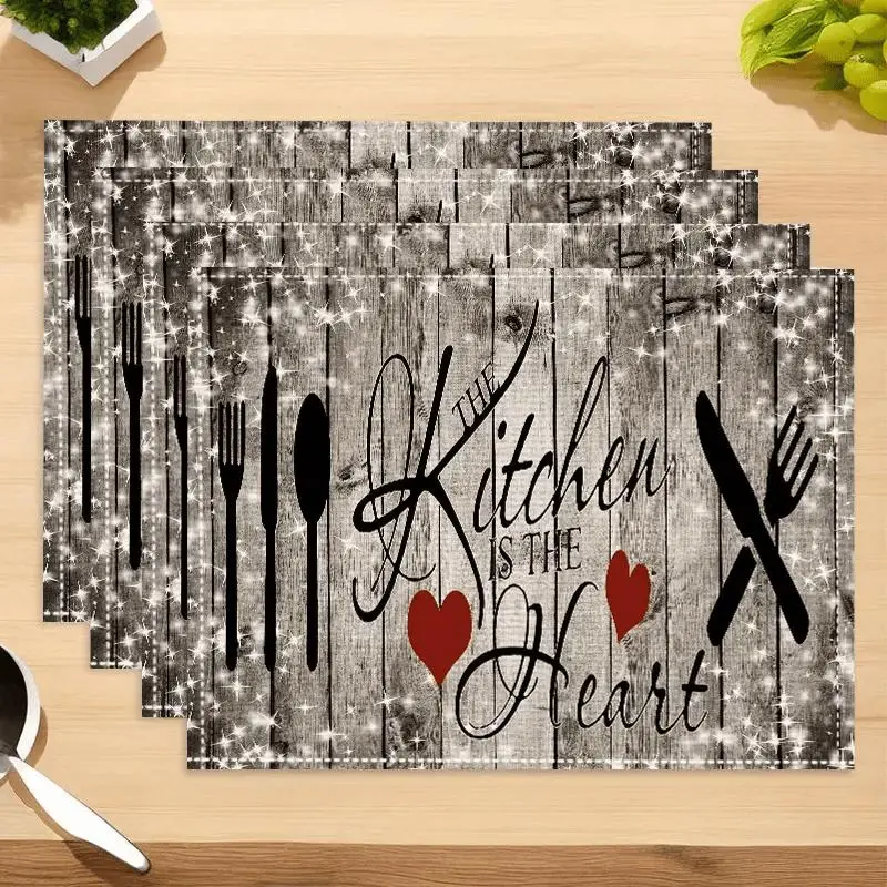 Rustic Wooden Kitchen Placemat, 1/2/4/6/8/12pcs Heart & Letter Pattern Kitchen Placemat, Rectangular Table Mat, Home & Dining Decor, Coasters