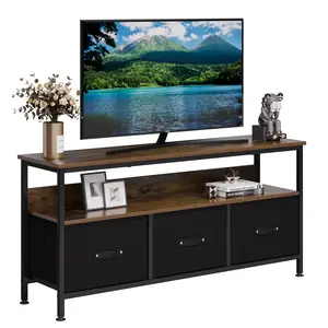 YJ-Garvee Wooden TV Stand with 3 Drawers and Shelves, Low Cabinet for Living Room, Fits Screens up to 55 Inches, Multi-functional Storage and Display FurnitureRetro color palette black fabric drawer