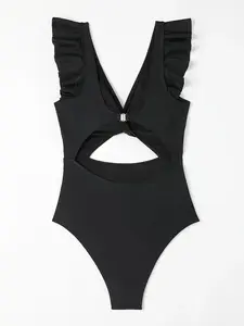 European and American style solid color sexy ruffled backless high-waisted hollow-out one-piece swimsuit