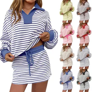 Striped 2 Piece Outfits Casual Sweatshirt Skirt Set Long Sleeve Skort Workout Set Matching Lounge Sets Women's Matching tiktokshopspringglowup