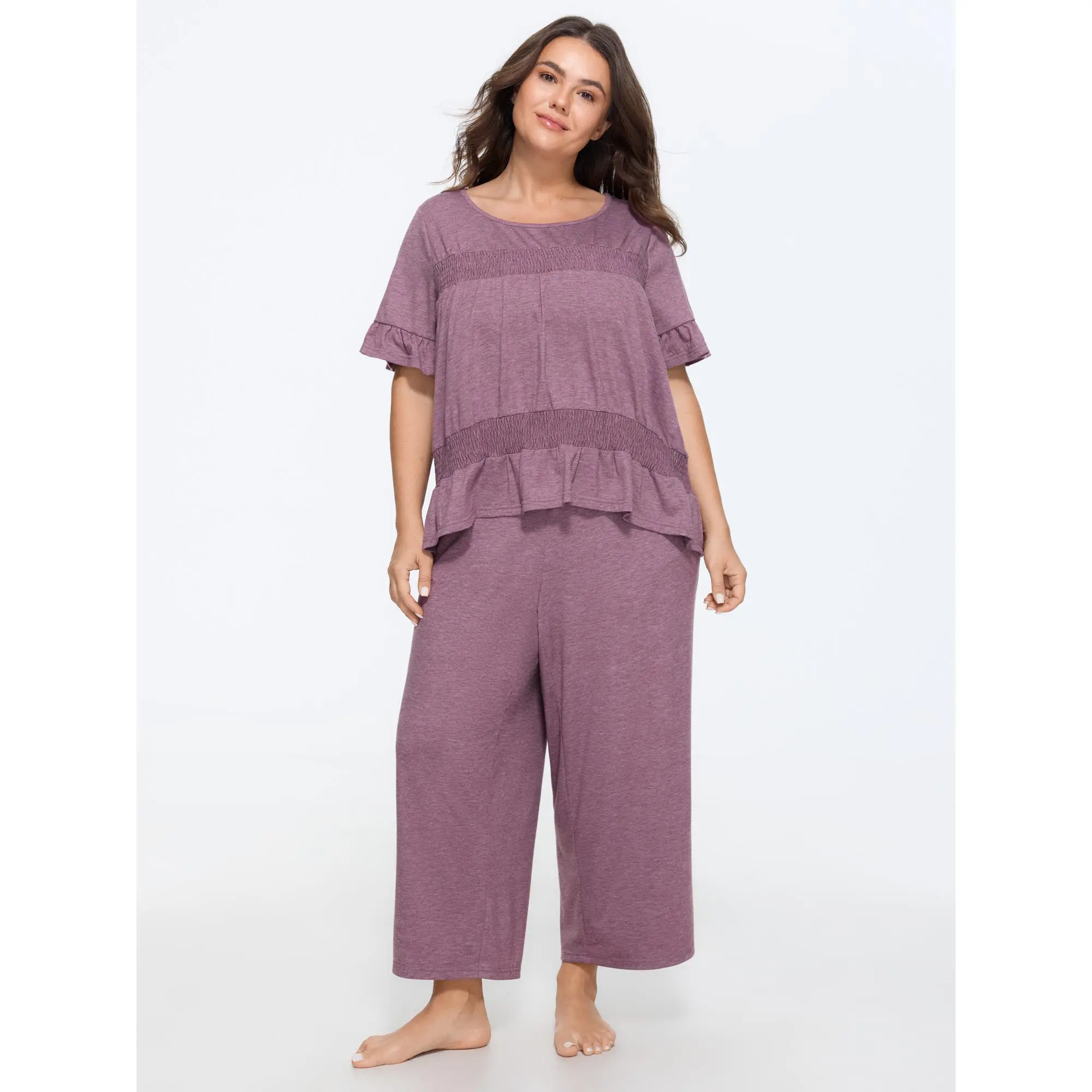 BLOOMCHIC Plus Size Supersoft Round Neck Shirred Loungewear Set[M-6X] Back To School,Fall Pick, Nightwear, Pocket