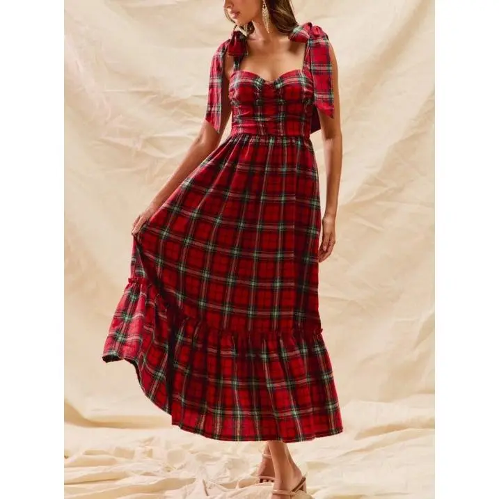Women’s Tie Shoulder Christmas Dress Sleeveless Sweetheart Neck Plaid Print Dress Holiday Midi Dress