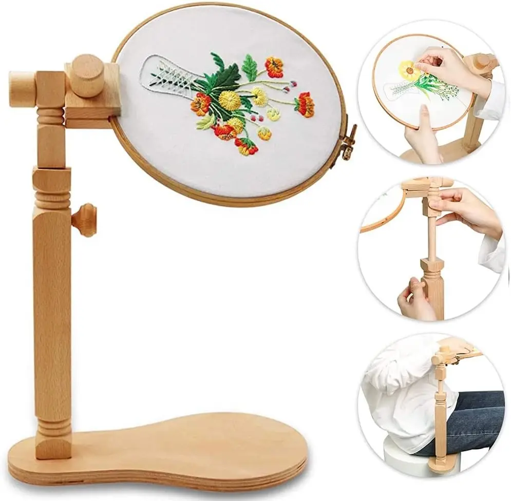 Rotated Lap Embroidery Hoop Stand, Easy to Use Natural Beech Wood Embroidery Hoop Holder, Hands-Free Cross Stitch Stand for Art Craft Sewing Needlework Projects