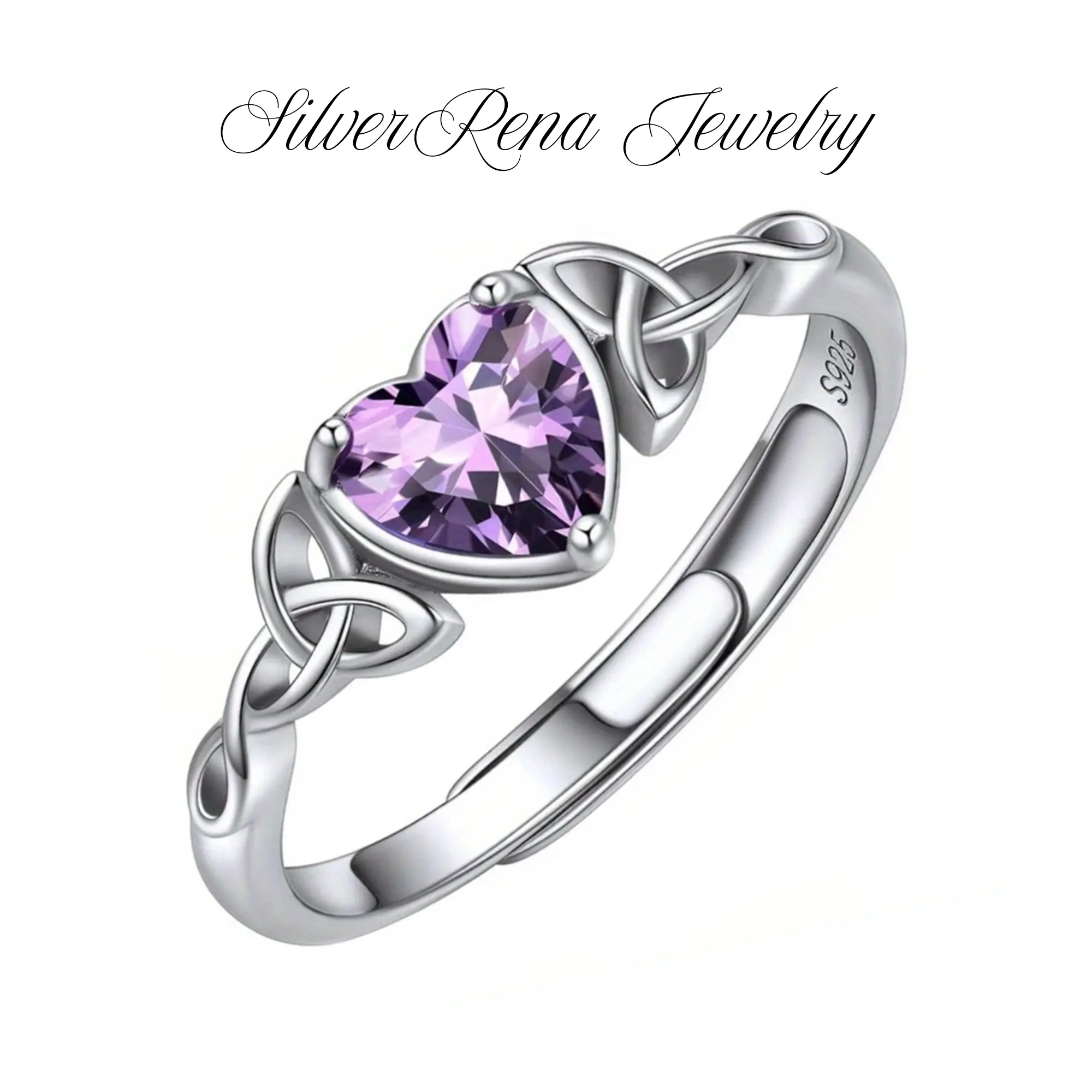 S925 Sterling Silver Purple Love Heart Open Ring, Synthetic Amethyst with Celtic Knot Design Engagement Ring Gift for Women, Adjustable Ring Hypoallergenic,  Purple Cubic Zirconia Luxury Wedding Party Festival Daily Wear, Mother's