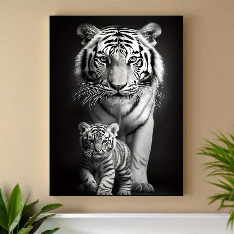 Striking Black and White Tiger and Cub Canvas Art Print - Wooden Frame Bedroom, Living Room or Office Wall Decoration - Modern Wildlife Artwork with Detailed Fur Texture, Living Room Decoration|Minimalist Wall Art|Complex animal designs