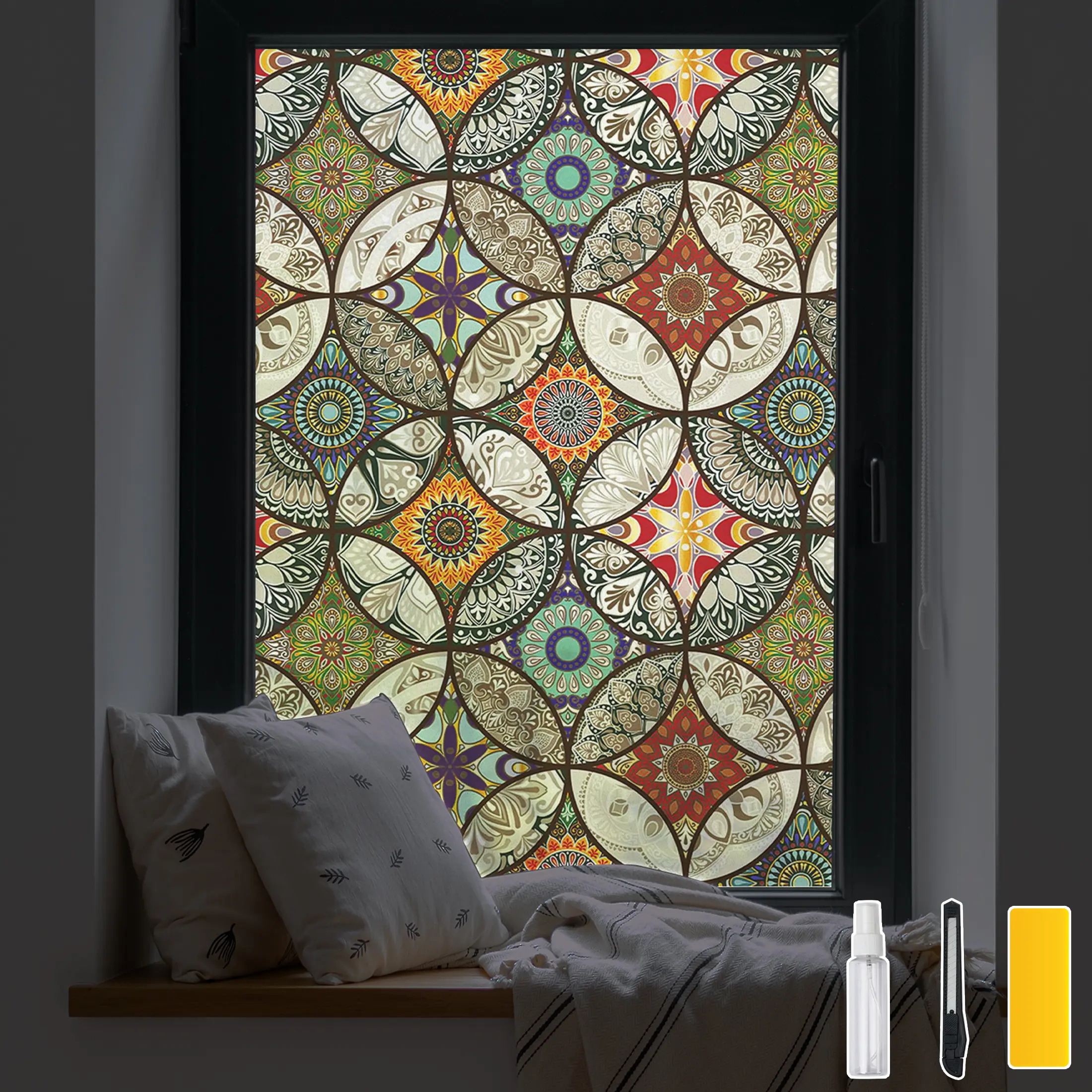 Dktie Static Cling Vinyl Privacy Film for Glass Windows, 17.7"x78.7" Bohemian Decor Sunshade, UV Protection, Heat Protection, Removable, Tenant-Friendly for Home