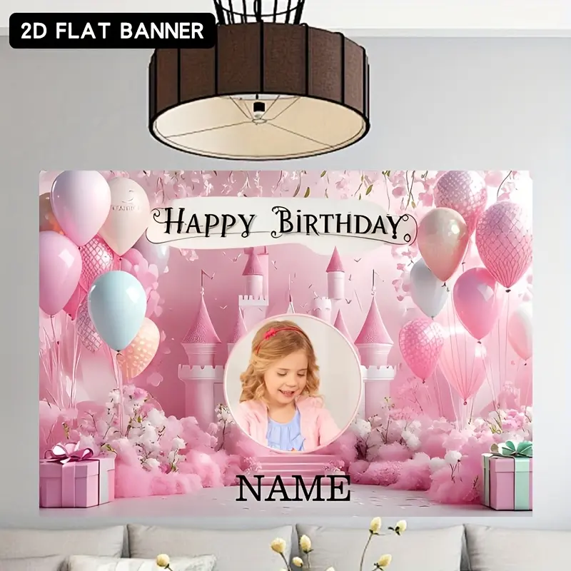 Magical Pink Princess Castle 2D Flat Polyester Banner - Personalized Customizable Digital Print Festive Backdrops & Banners, Custom Photo & Name, Vibrant Vinyl Inkjet Printing Birthday Party Decoration Supply, Party Decoration Supplies