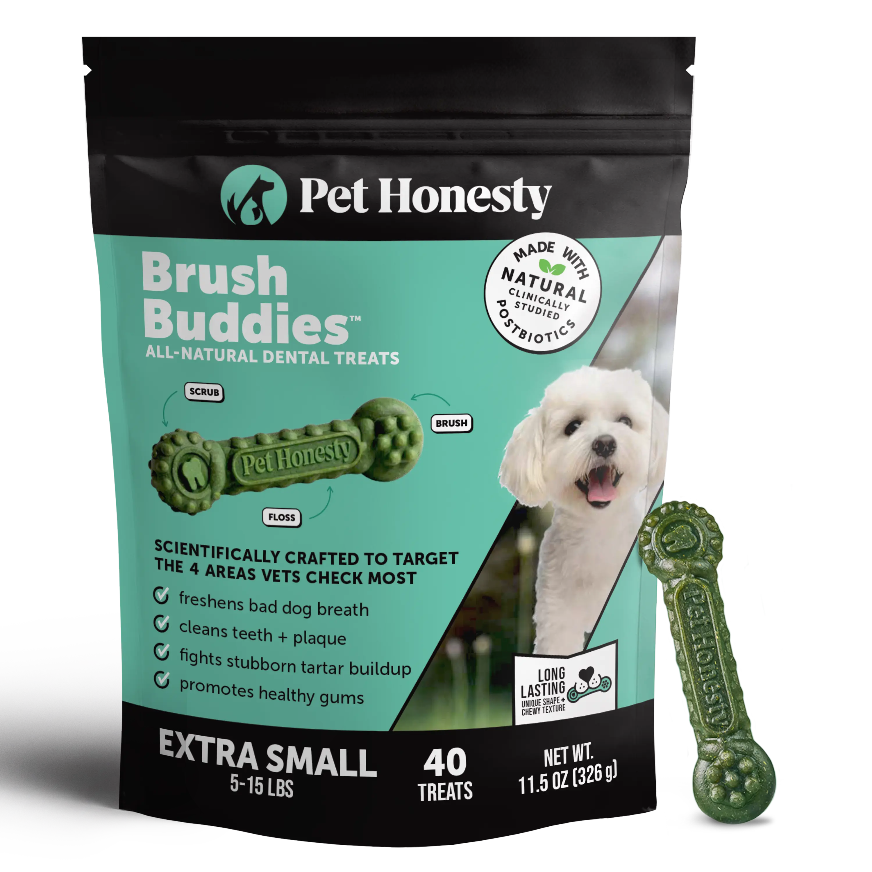 Brush Buddies All-Natural + Long Lasting Dental Treats for Extra Small Sized Dogs - 40 Count