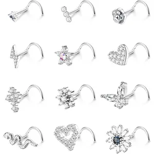 Milacolato 12-Piece 20G Surgical Steel L-Shaped Nose Rings Studs Body Jewelry Set - CZ, Geometric, Heart, Butterfly, Flower, Snake Piercing Jewelry for Women summerwins