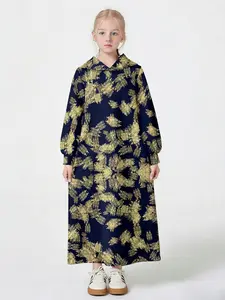 Girls' Elegant Abaya Dress, Long Sleeve Loose-Fitting, All over Pattern, Middle Eastern Muslim Girls' Casual Gown, Kids Girls Clothing