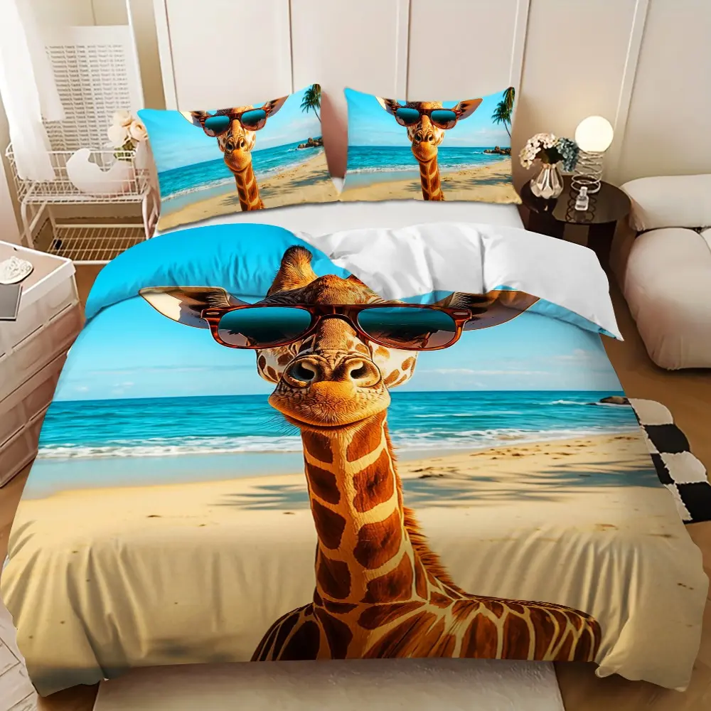 Bedding 3-piece set - 3PCS,Brown Giraffe Beach Sunglasses Design Down Comforter Set (1 comforter cover + 2 pillowcases, filling not included) - soft and comfortable, suitable for family bedrooms. Bedding Sets