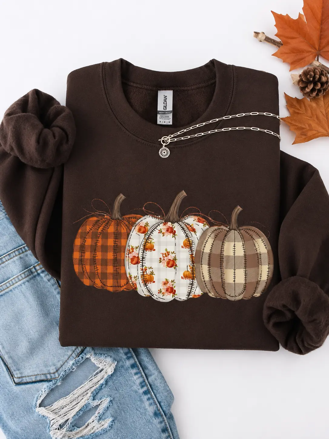 ( FAUX PATCHWORK-PRINT ) Cute Patterned Pumpkins, Halloween, Autumn, Fall, Plaid, Halloween Sweatshirt, Spooky, Witch, Pumpkin, Halloween, Crew Neck, Women's, Crewneck