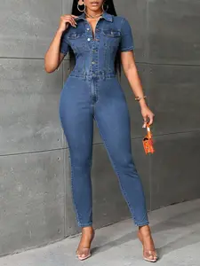 Essnce Flap Pocket Button Front Denim Jumpsuit