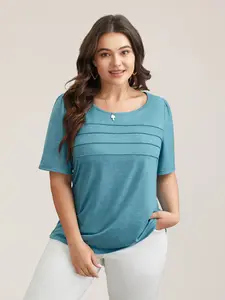 【Summer Turn-Up】BlOOMCHIC Plus Size Seamed Round Neck Fitted T-Shirt Cerulean Short Sleeve Regular Fit Casual Breathable Elastic Women's Streetwear [1x-6x] 2026 Summer Pick for Mother's Day